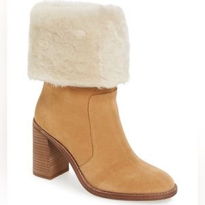 NEW Arturo Chiang Maira Suede Shearling Fur Lined Heel Boots Wmns Size 7.5 Camel